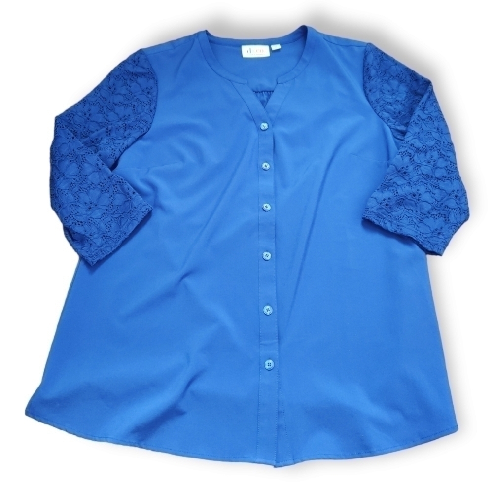 Denim & Co. Lace Sleeve Blue Button Up Blouse